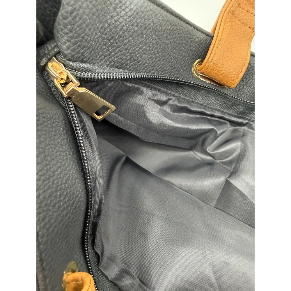 Black Pebbled Faux Leather Tote Bag Tan Straps Gold Medallion Accent Large